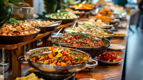 A buffet table filled with a wide array of delectable dishes such as appetizers  main courses  side dishes  desserts  and more. Different cuisines and flavors