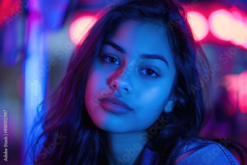 A young woman is illuminated by vibrant neon light in an urban setting, creating a dynamic and modern aesthetic