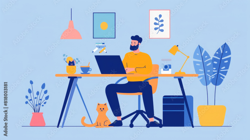 A man is sitting at a desk with a cat next to him and a laptop in front of him, working or browsing on the computer
