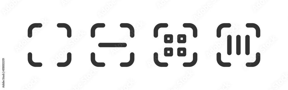 Scan icon. QR code, barcode scanner. Phone scan product, tags, id. Scan icon. QR code, barcode scanner. Phone scan product, tags, id.