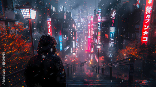 A person in a hoodie walking on stairs in the city. Anime wallpaper. Generative AI 