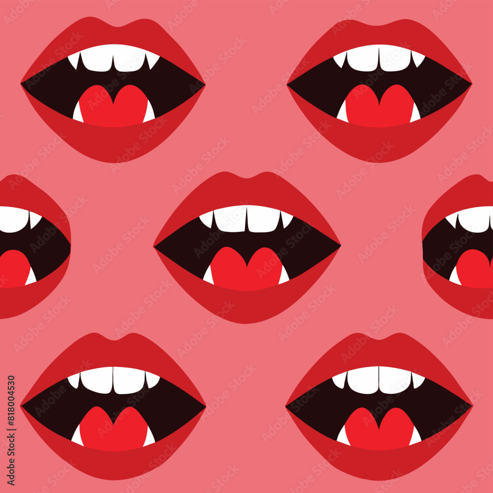 red lips with vampire teeth on a pink background red lips with vampire teeth on a pink background