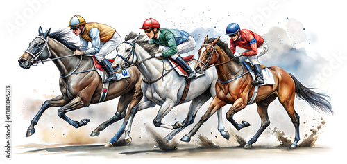 Galloping race horses in racing competition. Watercolor. Jockeys on racing horses. Sport. Champion. Hippodrome. Equestrian. Derby. Speed