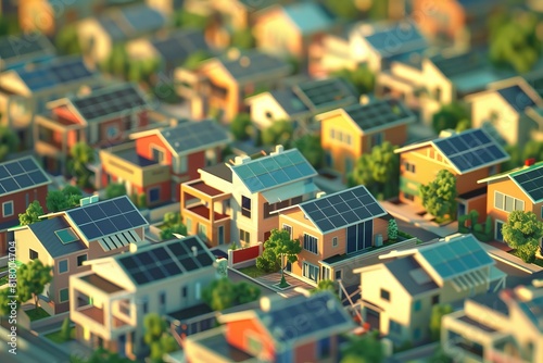 A neighborhood with houses with solar panels on the roof. The green living village bokeh style background