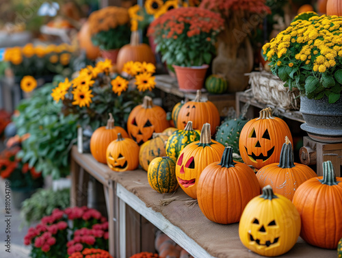 The Golden Autumn Festival displays beautifully decorated pumpkins and autumn vegetables  creating a festive Halloween atmosphere and enhancing the harvest surroundings.
