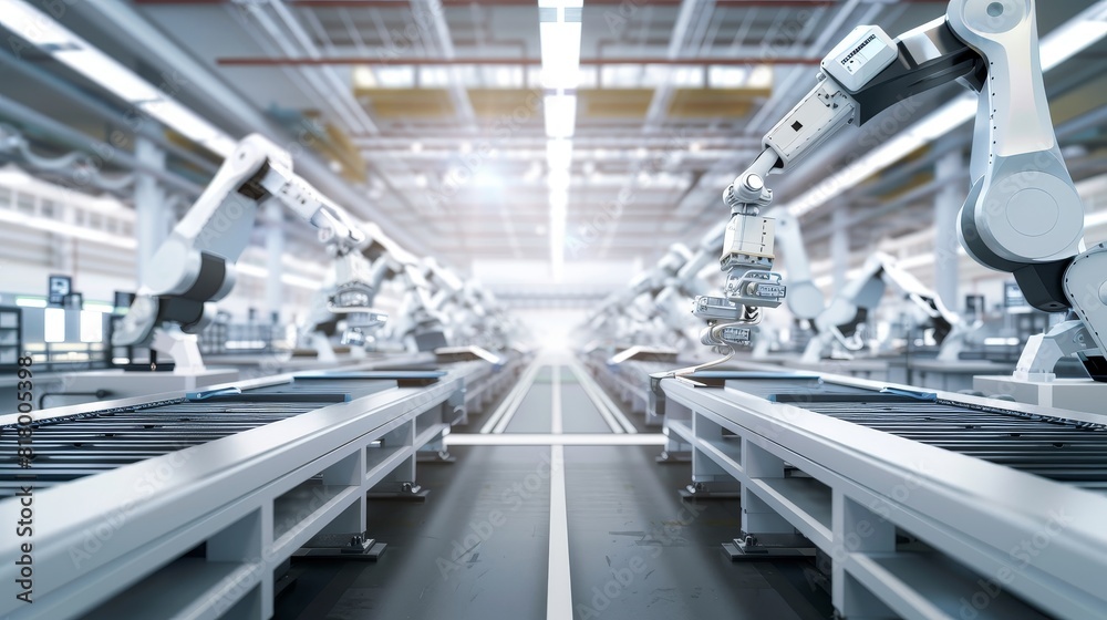 Naklejka premium Inside an electronics assembly line with robotic arms, focused on precision and technology, clean modern style