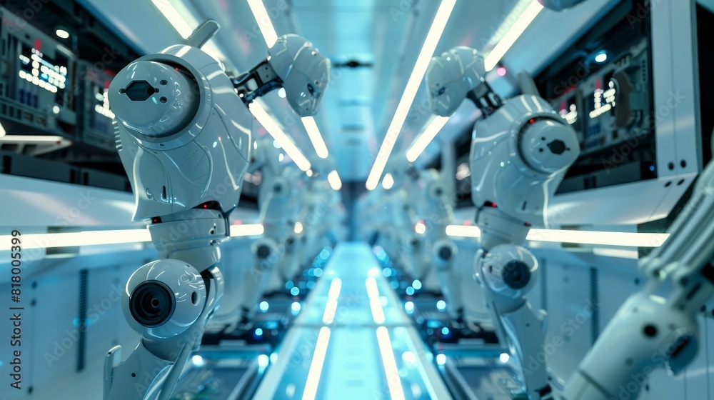 Inside an electronics assembly line with robotic arms, focused on precision and technology, clean modern style Inside an electronics assembly line with robotic arms, focused on precision and technology, clean modern style