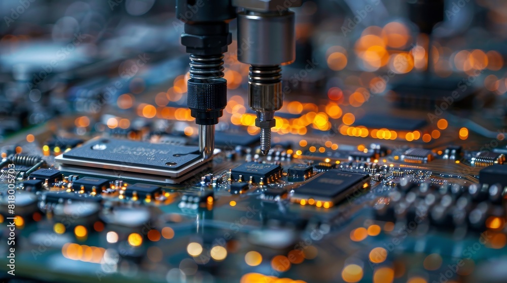 Detailed view of a high-tech assembly line for smartphones, showcasing intricate soldering and assembly processes