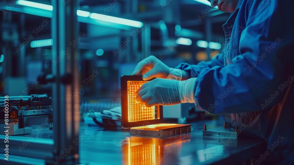 Dramatic depiction of a quality control process in an electronics factory, a worker inspecting a glowing device screen, tension and focus Dramatic depiction of a quality control process in an electronics factory, a worker inspecting a glowing device screen, tension and focus