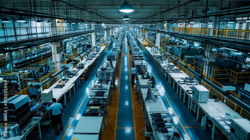 High-angle shot of a sprawling electronics factory with lines of products in mid-production, a blend of human and robot labor, depth and detail High-angle shot of a sprawling electronics factory with lines of products in mid-production, a blend of human and robot labor, depth and detail