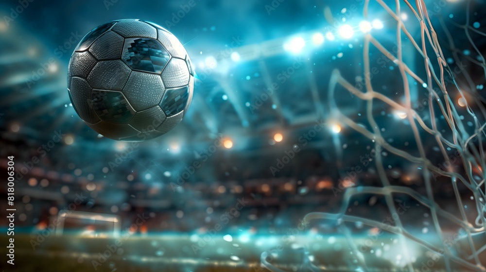 Naklejka premium dramatic photograph of a soccer ball flying through the air towards the goal in a packed stadium under bright stadium lights