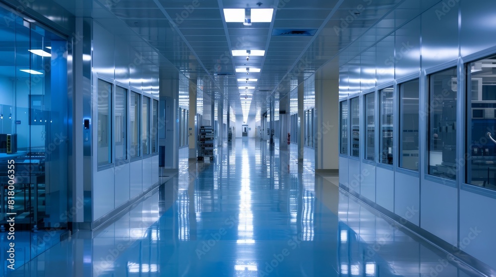 Fototapeta premium Inside a high-security semiconductor fabrication plant, corridors lined with high-tech equipment and minimal human presence