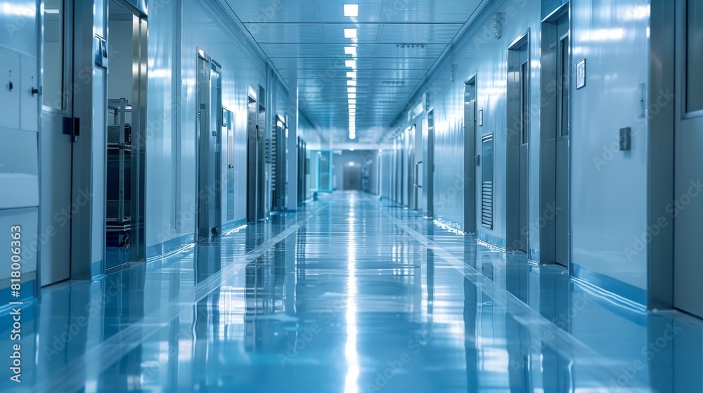 Fototapeta premium Inside a high-security semiconductor fabrication plant, corridors lined with high-tech equipment and minimal human presence
