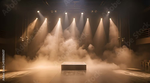 A dramatic theater stage illuminated by multiple spotlights with fog adding a mystical ambiance. The stage is prepared for a performance.
