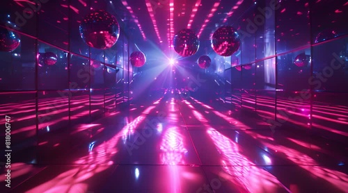 A vibrant disco room with multiple mirrored walls, illuminated by pink and blue lights, and several disco balls hanging from the ceiling.