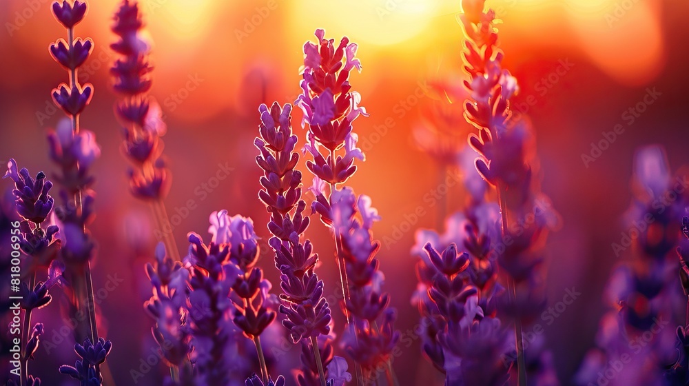 Lavender blooms with sunset backdrop Lavender blooms with sunset backdrop