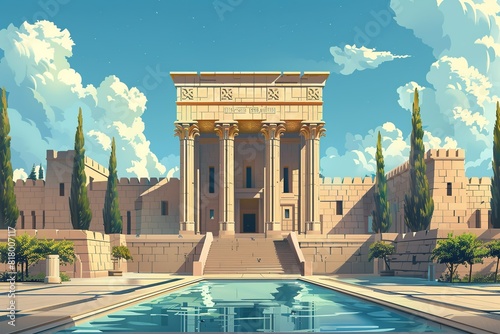 A minimalist illustration of the Temple of Solomon, characterized by simple and clean lines that convey a sense of grandeur and magnificence, with a focus on the architectural details photo