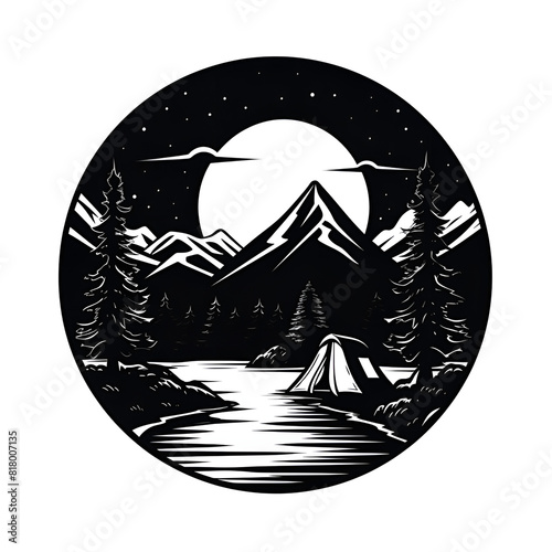 Beautiful black and white tent forest camping illustration logo. Generative AI