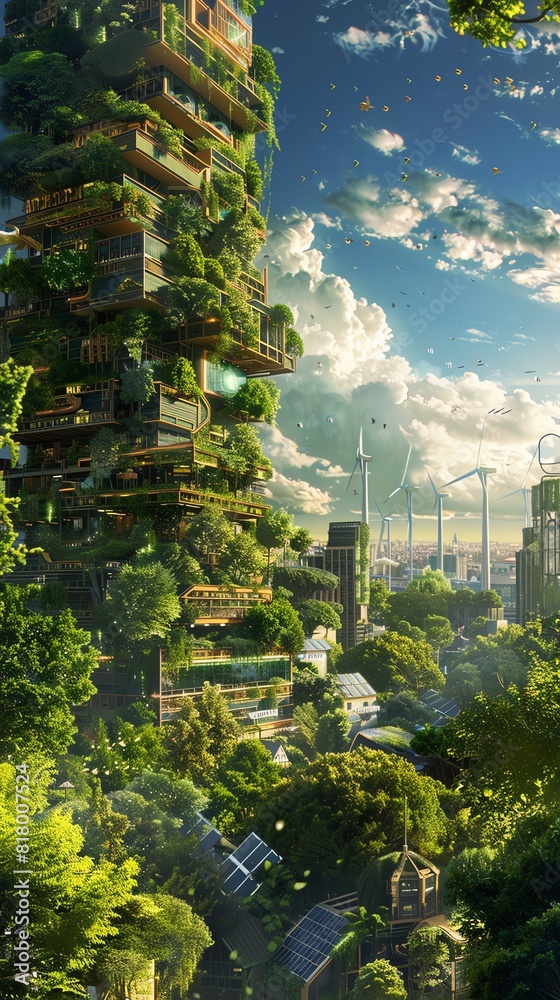 Obraz premium A lush green city of the future with skyscrapers covered in plants and trees