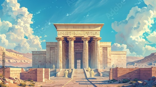 A minimalist illustration of the Temple of Solomon, characterized by simple and clean lines that convey a sense of grandeur and magnificence, with a focus on the architectural details
