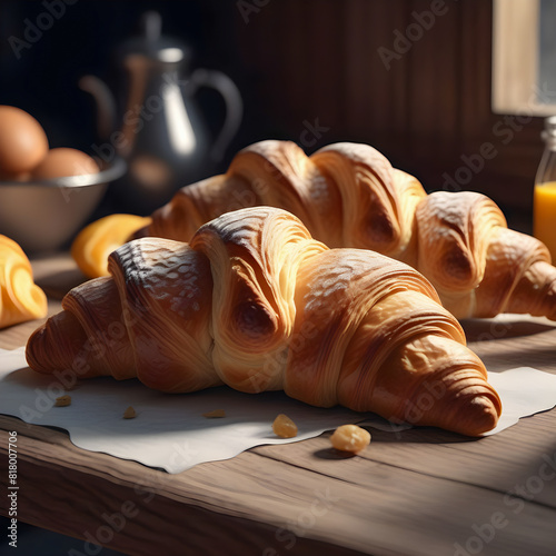 Freshly backed two croissants on wooden board, warm  tonal range.  Puff pastry in France photo