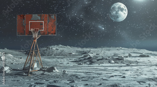 concept of basket everywhere: basketball hoop on the moon, 