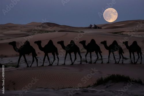 Camel caravan in the desert at night. Silhouettes of camels walking on sand dunes under full moon