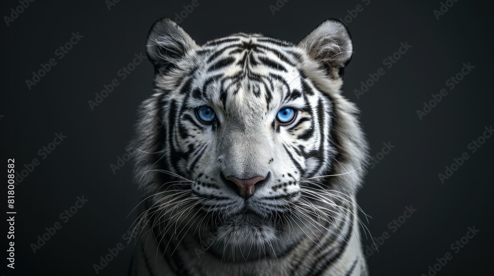 Naklejka premium Majestic White Tiger with Mesmerizing Blue Eyes in a Mysterious Dark Background Wildlife Portrait Art Beauty Nature Travel Animal Photography Concept