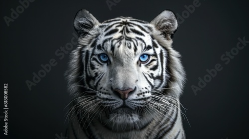Majestic White Tiger with Mesmerizing Blue Eyes in a Mysterious Dark Background Wildlife Portrait Art Beauty Nature Travel Animal Photography Concept © SHOTPRIME STUDIO