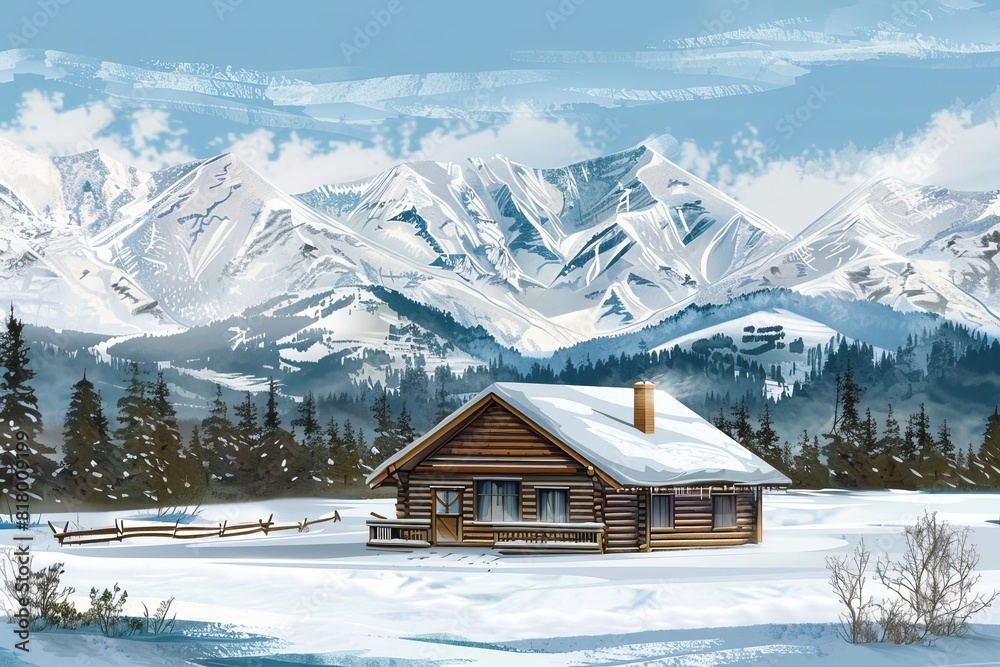 detailed illustration of a cozy rustic cabin surrounded by majestic snowcapped mountains serene winter landscape