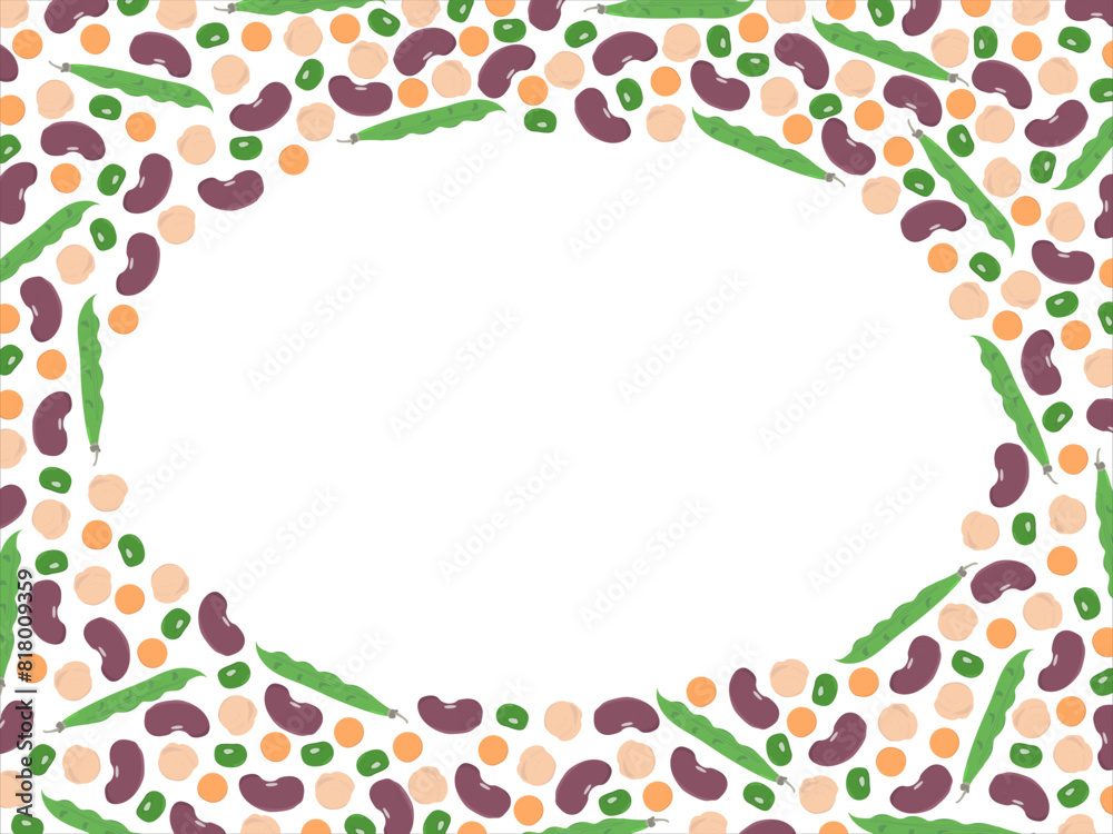 A set of several beans (lentil, chickpea, bean, string bean, mung bean) on periphery make ellipse-like space in the center to put your ads (text) inside. Food, beans. Vector illustration. A set of several beans (lentil, chickpea, bean, string bean, mung bean) on periphery make ellipse-like space in the center to put your ads (text) inside. Food, beans. Vector illustration.
