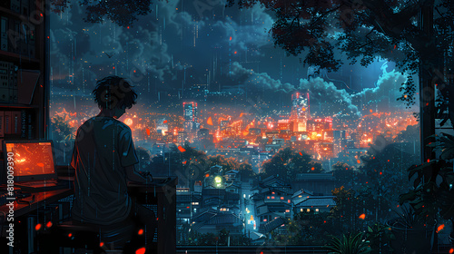 Cool Lofi boy studying at her desk Rainy or cloudy outside beautiful chill atmospheric wallpaper 4K streaming background lofi hiphop style Anime manga style -- photo
