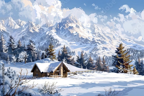 detailed illustration of a cozy rustic cabin surrounded by majestic snowcapped mountains serene winter landscape