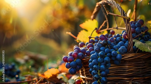 A close up of a wicker basket filled with plump, purple grapes against a blurred background of a vineyard.