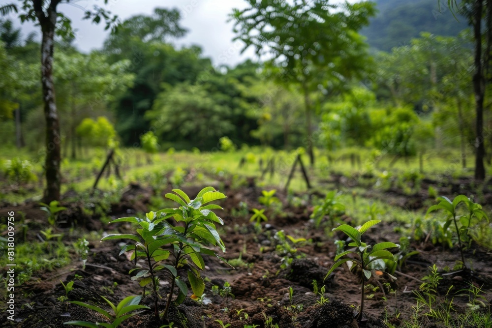 Beautiful young plants growing in a lush green field with trees in the background under the clear sky Beautiful young plants growing in a lush green field with trees in the background under the clear sky