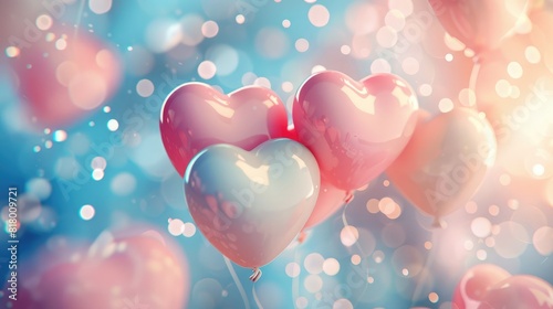Pastel balloon heart shape flying on bokeh light abstract background  Love and party concept  balloons in heart shape and confetti for Valentine s day or wedding with copy space