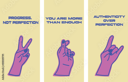 Finger signs hands flat design set cards good is enough motivation phrases