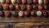 beautifully arranged chocolates on rustic wooden table for world chocolate day celebration concept banner