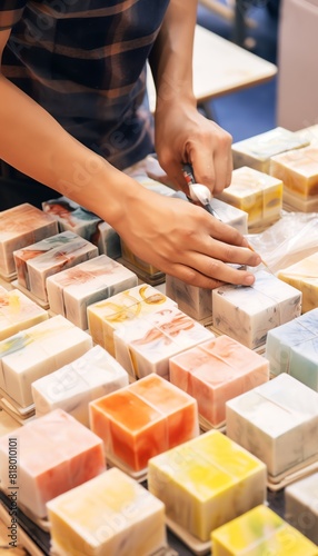 Artisan at a crafts fair carefully wrapping handmade soaps in ecofriendly packaging, warm and inviting watercolor style