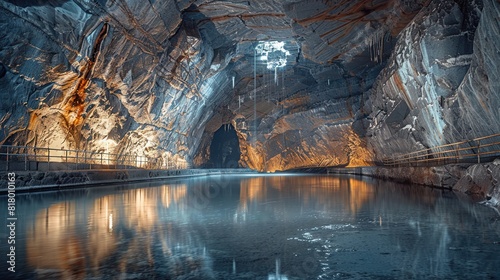 The image is of an underground salt mine with a lake in the foreground. The walls of the mine are covered in salt crystals.