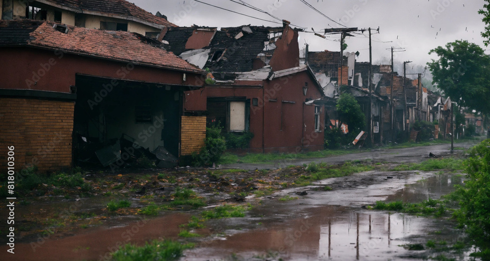Ruined village on a rainy day, rain, landscape, village Ruined village on a rainy day, rain, landscape, village