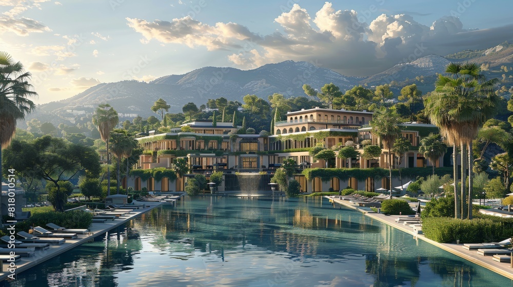 Obraz premium An expansive luxury resort nestled among the breathtaking landscapes. The resort stands proudly, its front view showcasing a symmetrical design that. Generative AI.