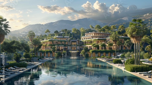 An expansive luxury resort nestled among the breathtaking landscapes. The resort stands proudly  its front view showcasing a symmetrical design that. Generative AI.