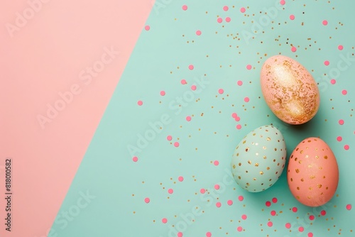 Easter eggs with golden dots on a pastel background, minimal concept, fashion photography