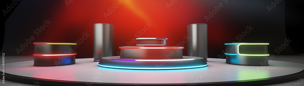 LEDlit podium in a modern trade show, dynamic color changing lights, showcasing the latest in VR technology, highresolution render LEDlit podium in a modern trade show, dynamic color changing lights, showcasing the latest in VR technology, highresolution render