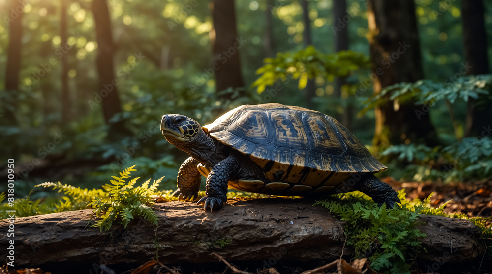A Cute Forest Turtle Standing on a Rock in a Wild Forest.
A Cute Forest Turtle Standing on a Rock in a Wild Forest.