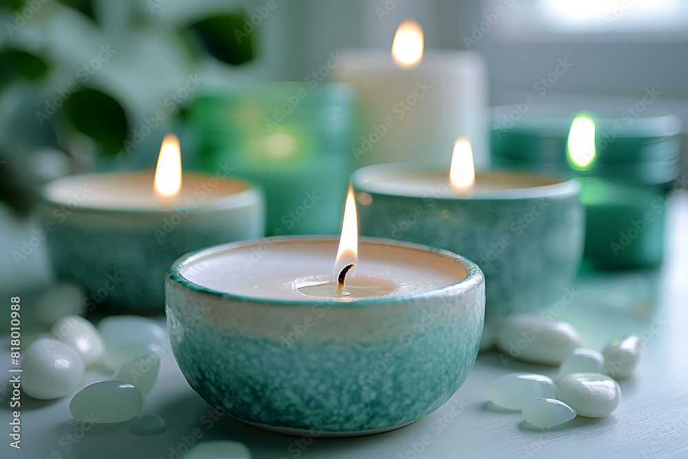 candles on the table, aromatherapy candles with teal accents and white stones, spa treatment candles on the table, aromatherapy candles with teal accents and white stones, spa treatment