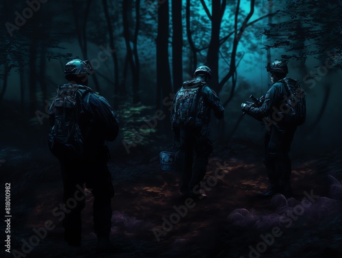 Night operation in a dense forest  EOD team using infrared to locate a hidden device  dark and moody digital illustration