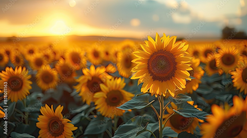 Fototapeta premium A field of blooming sunflowers turning towards the sun.