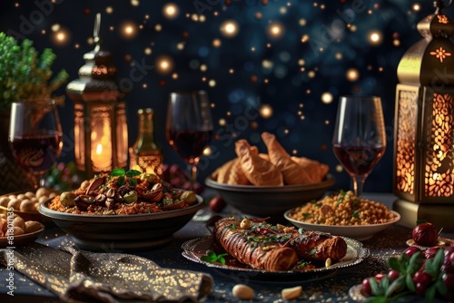 Eid alFitr, the festival of breaking the fast, composition with traditional dishes and lanterns on table, realistic photo shoot